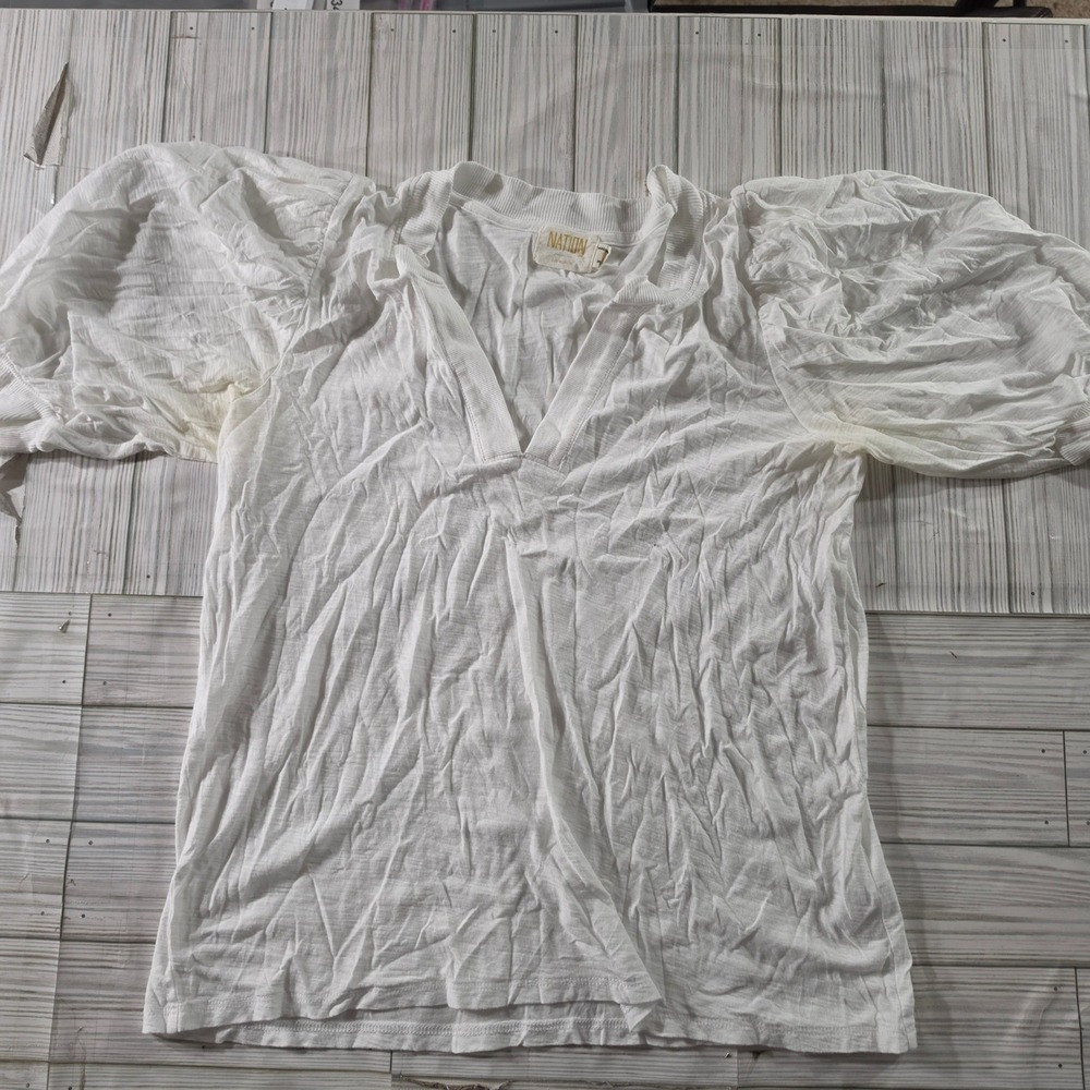 Nation LTD Womens White Puff Sleeve V-Neck Slub T-Shirt Size S Small